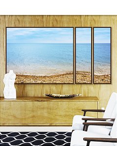 Trio de Quadros Estilizados Mar Azul Céu Claro Praia e Pedras Natureza Canvas Moldura