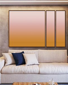 Trio de Quadros Estilizados Abstrato Degradê Coral e Marfim Canvas Moldura