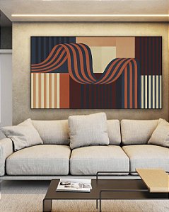 Quadro Horizontal Abstrato Geométrico Listras Azul Salmão Vermelho Bordô Canvas Moldura