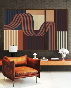 Trio de Quadros Estilizados Abstrato Geométrico Listras Azul Salmão Vermelho Bordô Canvas Moldura