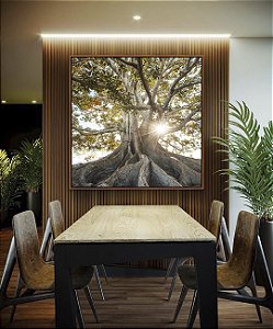 Quadro Quadrado Árvore Folhas Verde Luzes do Sol Natureza Canvas Moldura