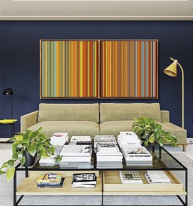 Duo de Quadros Quadrados Degradê Listras Amarelo Ouro Laranja Tangerina Azul Canvas Moldura
