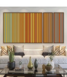Trio de Quadros Estilziados Degradê Listras Amarelo Ouro Laranja Tangerina Azul Canvas Moldura