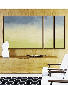 Trio de Quadros Estilizados Abstrato Azul Celeste Verde Menta Efeito Pintura Canvas Moldura