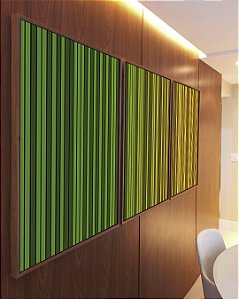 Trio de Quadros Abstrato Degradê Listras Verde Esmeralda Amarelo Ouro Canvas Moldura