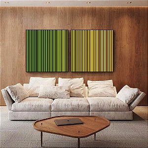 Duo de Quadros Quadrados Abstrato Degradê Listras Verde Esmeralda Amarelo Ouro Canvas Moldura