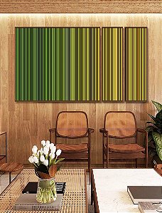 Trio de Quadros Estilizados Abstrato Degradê Listras Verde Esmeralda Amarelo Ouro Canvas Moldura