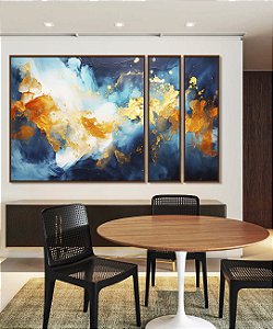 Trio de Quadros Estilizados Abstrato Tons de Azul Branco Dourado Pouring Canvas Moldura