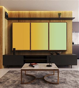 Trio de Quadros Abstrato Degradê Amarelo Ouro Verde Menta Canvas Moldura