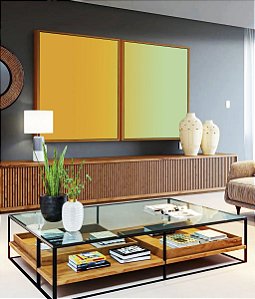 Duo de Quadros Abstrato Degradê Amarelo Ouro Verde Menta Canvas Moldura