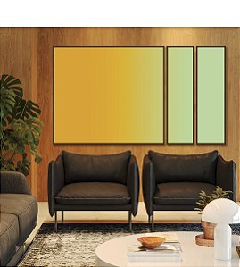 Trio de Quadros Estilizados Abstrato Degradê Amarelo Ouro Verde Menta Canvas Moldura