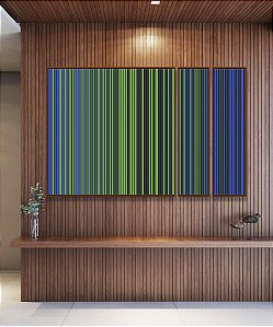 Trio de Quadros Estilizados Abstrato Degradê Listras Verde Esmeralda Azul Marinho Canvas Moldura