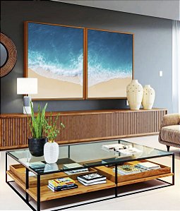 Duo de Quadros Mar Calmo Azul Intenso Praia Natureza Canvas Moldura