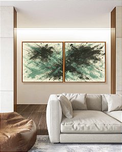 Duo de Quadros Quadrados Abstrato Verde Menta Cinza Chumbo Efeito Pintura Canvas Moldura
