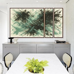 Trio de Quadros Estilizados Abstrato Verde Menta Cinza Chumbo Efeito Pintura Canvas Moldura