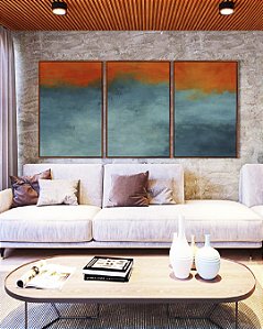 Trio de Quadros Abstrato Laranja Tangerina Azul Petróleo Efeito Concreto Pintura Canvas Moldura