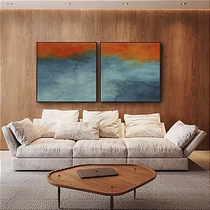 Duo de Quadros Quadrados Abstrato Laranja Tangerina Azul Petróleo Efeito Concreto Pintura Canvas Moldura