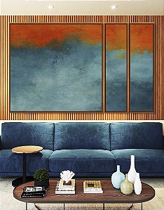 Trio de Quadros Estilizados Abstrato Laranja Tangerina Azul Petróleo Efeito Concreto Pintura Canvas Moldura