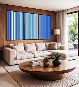 Trio de Quadros Abstrato Degradê Listras Azul Bebê Azul Royal Canvas Moldura