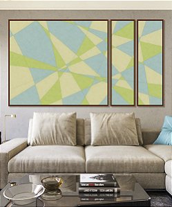 Trio de Quadros Estilizados Abstrato Mosaico Azul Celeste Verde Menta Canvas Moldura
