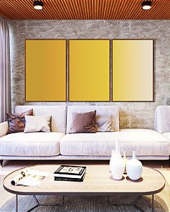 Trio de Quadros Abstrato Degradê Amarelo Ouro e Areia Canvas Moldura