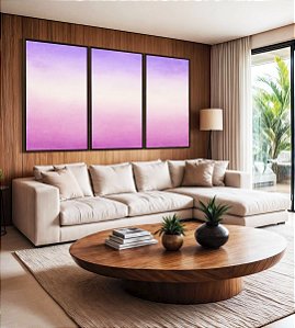 Trio de Quadros Abstrato Roxo Lavanda Branco Rosa Claro Canvas Moldura