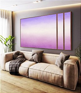 Trio de Quadros Estilizados Abstrato Roxo Lavanda Branco Rosa Claro Canvas Moldura