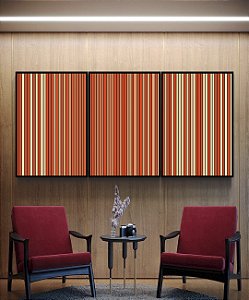 Trio de Quadros Abstrato Listras Degradê Laranja Coral e Marfim Canvas Moldura