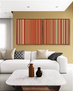 Duo de Quadros Quadrados Abstrato Listras Degradê Laranja Coral e Marfim Canvas Moldura