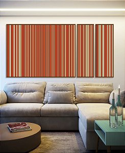 Trio de Quadros Estilizados Abstrato Listras Degradê Laranja Coral e Marfim Canvas Moldura