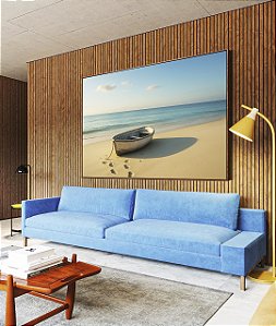 Quadro Horizontal Barco em Praia de Mar Azul Calmo Céu Limpo Canvas Moldura