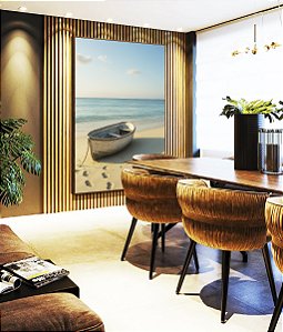 Quadro Vertical Barco em Praia de Mar Azul Calmo Céu Limpo Canvas Moldura