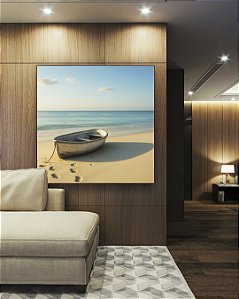 Quadro Quadrado Barco em Praia de Mar Azul Calmo Céu Limpo Canvas Moldura