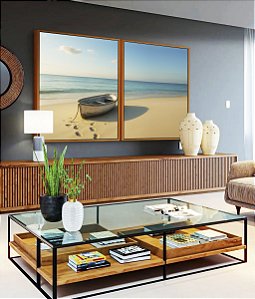 Duo de Quadros Barco em Praia de Mar Azul Calmo Céu Limpo Canvas Moldura