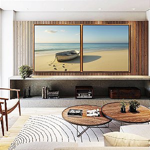 Duo de Quadros Quadrados Barco em Praia de Mar Azul Calmo Céu Limpo Canvas Moldura