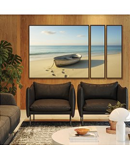 Trio de Quadros Estilizados Barco em Praia de Mar Azul Calmo Céu Limpo Canvas Moldura