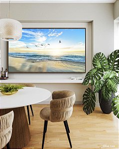 Quadro Horizontal Pássaros em Praia de Mar Calmo Azul Natureza Canvas Moldura