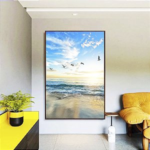 Quadro Vertical Pássaros em Praia de Mar Calmo Azul Natureza Canvas Moldura