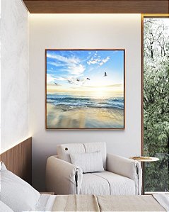 Quadro Quadrado Pássaros em Praia de Mar Calmo Azul Natureza Canvas Moldura