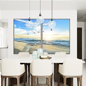 Duo de Quadros Pássaros em Praia de Mar Calmo Azul Natureza Canvas Moldura