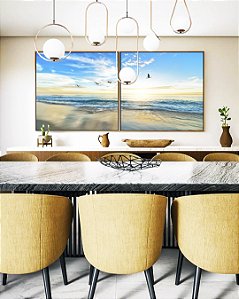 Duo de Quadros Quadrados Pássaros em Praia de Mar Calmo Azul Natureza Canvas Moldura