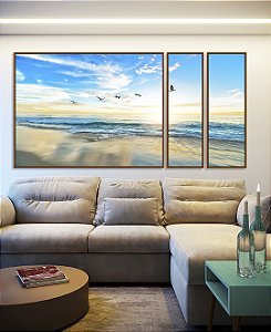 Trio de Quadros Estilizados Pássaros em Praia de Mar Calmo Azul Natureza Canvas Moldura