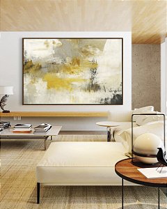 Quadro Horizontal Abstrato Concreto Cinza Amarelo Mostarda Canvas Moldura