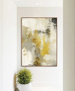 Quadro Vertical Abstrato Concreto Cinza Amarelo Mostarda Canvas Moldura