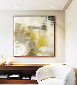 Quadro Quadrado Abstrato Concreto Cinza Amarelo Mostarda Canvas Moldura