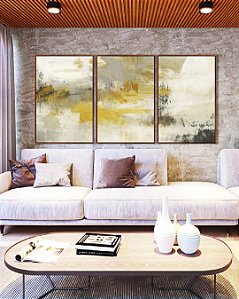 Trio de Quadros Abstrato Concreto Cinza Amarelo Mostarda Canvas Moldura