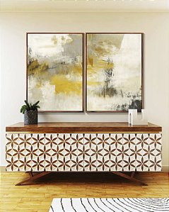 Duo de Quadros Abstrato Concreto Cinza Amarelo Mostarda Canvas Moldura