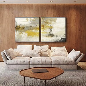 Duo de Quadros Quadrados Abstrato Concreto Cinza Amarelo Mostarda Canvas Moldura