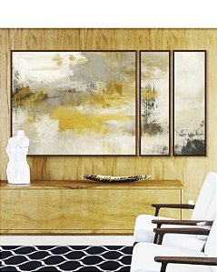 Trio de Quadros Estilizados Abstrato Concreto Cinza Amarelo Mostarda Canvas Moldura