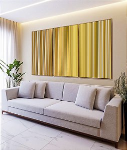 Trio de Quadros Abstrato Degradê Listras Dourado Amarelo Ouro Areia Canvas Moldura